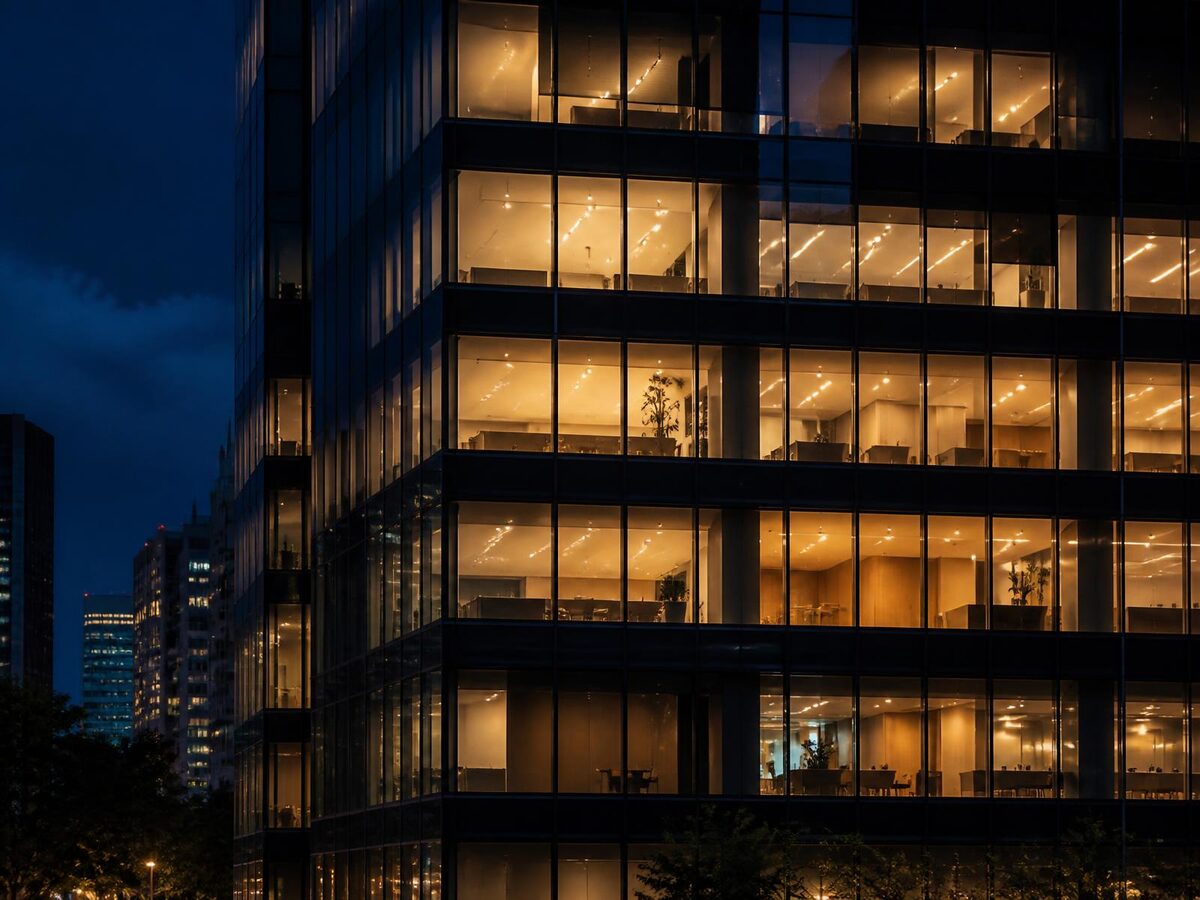 Lit office tower facade at night